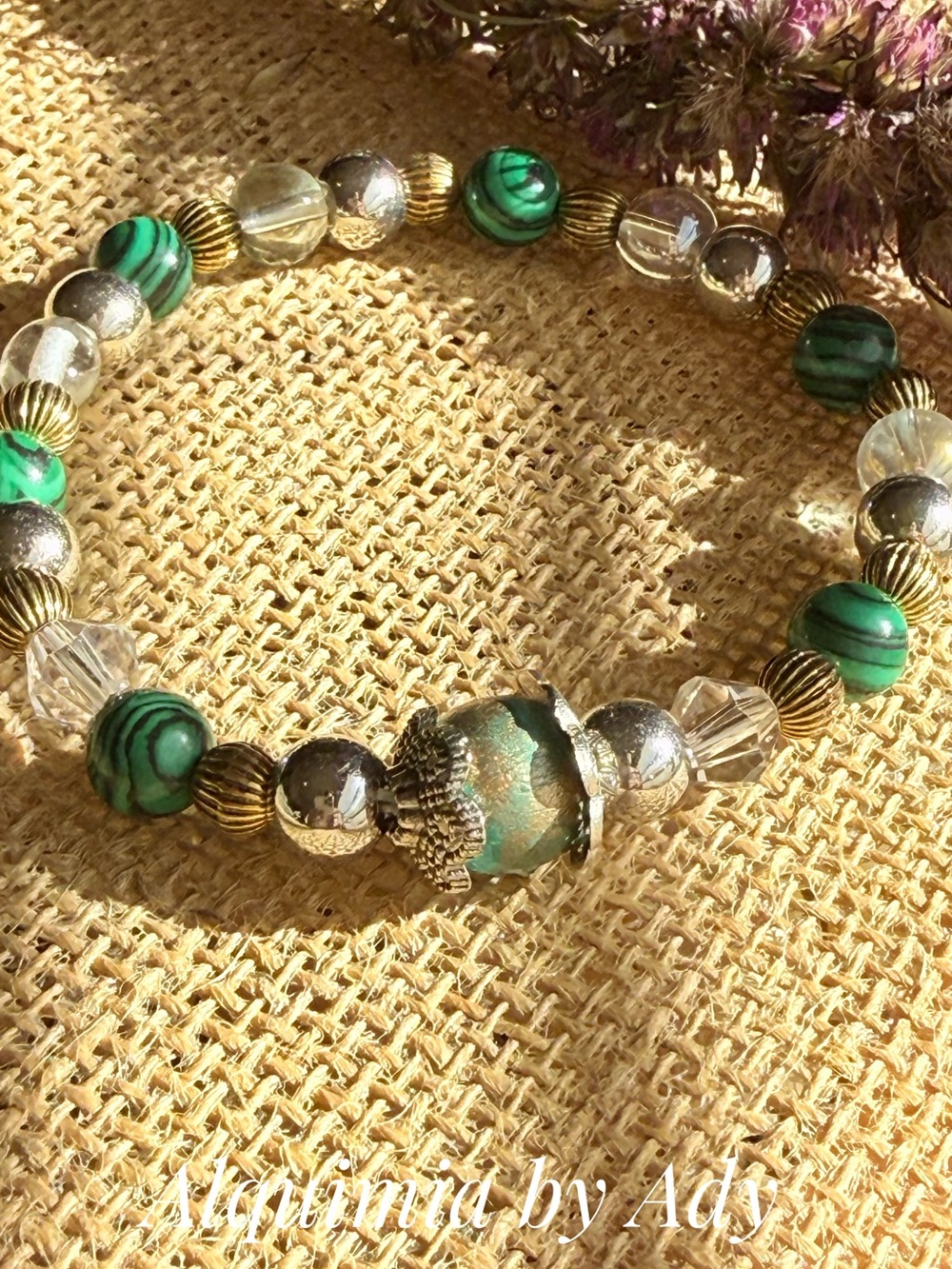 Malachite Green and silver Beaded Charm Bracelet